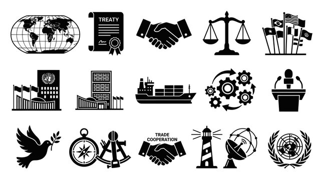 International Diplomacy and Trade Icons: World, Treaty, Handshake, Scales, Flags, Ship, Gears, Podium, Dove, Compass, Lighthouse, Satellite, UN Logo