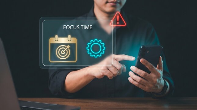 Business Focus Time Panel Glows at Fingertip Beside Smartphone to Display Calendar Target, Adjust System Gear, Alert Warning Triangle, and Organize Digital Productivity