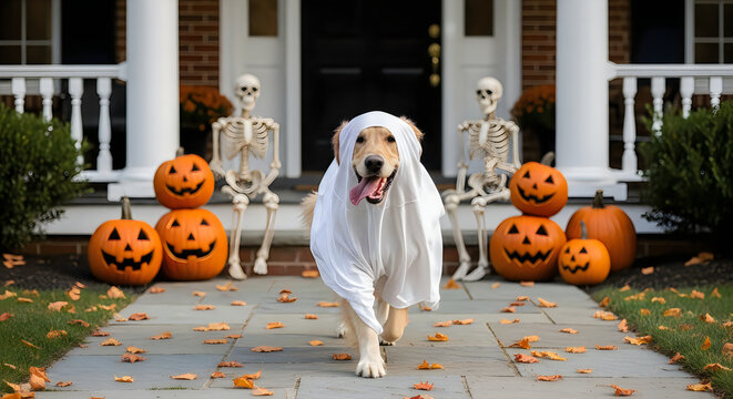 Golden retriever dog wearing a ghost costume for halloween with pumpkins and skeletons