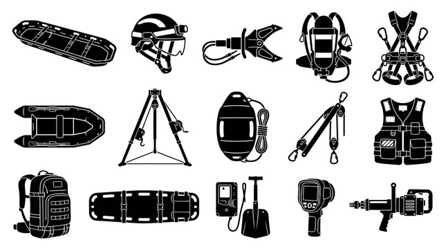 Emergency Rescue Safety Equipment Glyph Icons Set - Firefighter, Paramedic  Disaster Relief Gear