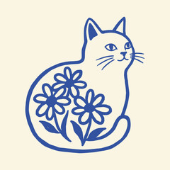Cute white cat with blue flowers Vector, illustration © Jrdesign0