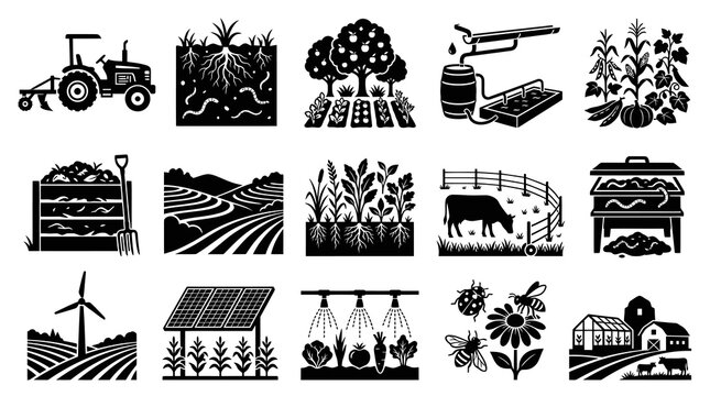 Black and White Glyph Icons Set for Agriculture and Farming - Crop Production, Livestock, and Sustainable Practices