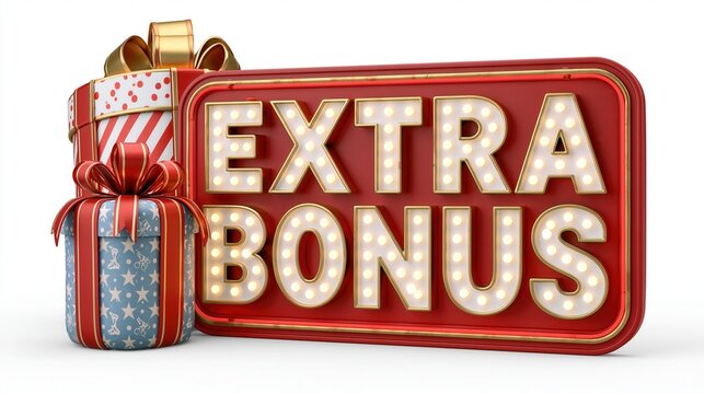 A 3D render depicts a red marquee sign with illuminated letters spelling 'EXTRA BONUS' next to a stack of decorative gift.