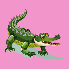 Fototapeta premium Armored mechanical green crocodile reptile illustration featuring brass gears steel scales and sharp robotic teeth on a soft pink square panel