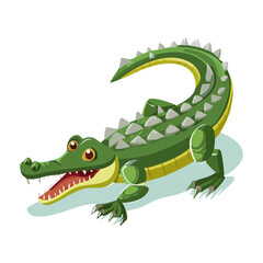 Fototapeta premium Powerful cybernetic green alligator crocodile creature reptile character with strong metallic jaw plates and mechanical tail spikes moving forward gracefully