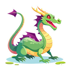 Fototapeta premium Cheerful green fantasy dragon character standing proudly with long spiky tail large wings and cute big teeth on a soft white backdrop