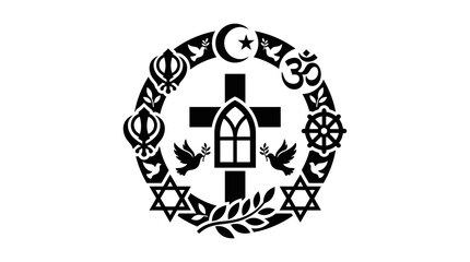 Circular interfaith emblem with various religious symbols and cross. © dzakil