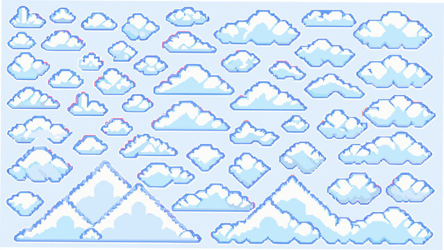 Pixelated clouds pattern with a light blue background featuring various cloud formations