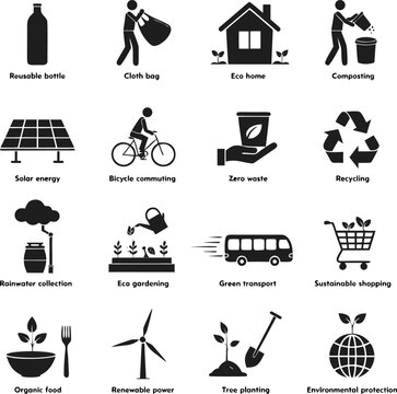 Ecology and sustainability icons featuring reusable bottle cloth bag solar energy bicycle commuting zero waste recycling and renewable power symbols.