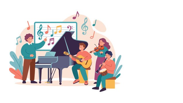 Music lesson scene: a conductor leads children playing piano, guitar, violin, and percussion in a colorful classroom illustration