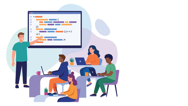 Coding workshop in a modern classroom: instructor explains code on a large screen while students work on laptops