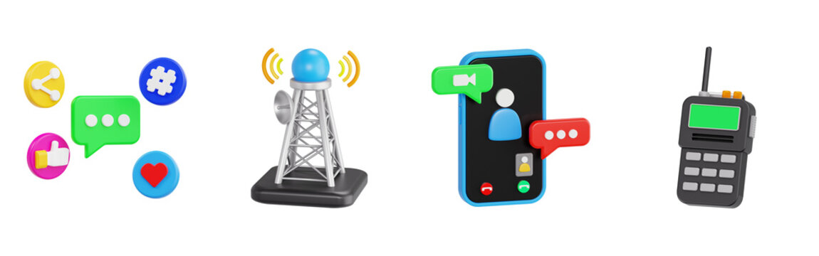 3D realistic wireless technology and social media icons with cell tower video call and walkie talkie