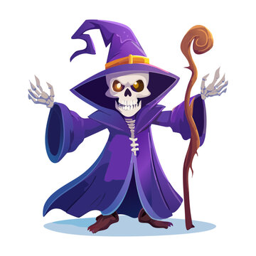 Spooky skeleton sorcerer wizard wearing a flowing purple robe laughing maniacally while holding a twisted old wooden magical walking staff