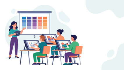 Fototapeta premium Design class: Instructor presents a color palette chart on a large board as students design on tablets in a bright classroom
