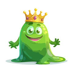Fototapeta premium Charming green slime blob king character with a golden royal crown smiling warmly over a clean solid white backdrop layout