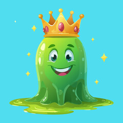 Fototapeta premium Adorable green gelatinous slime blob monster wearing a shiny gold crown standing happily against a bright cyan square backdrop frame