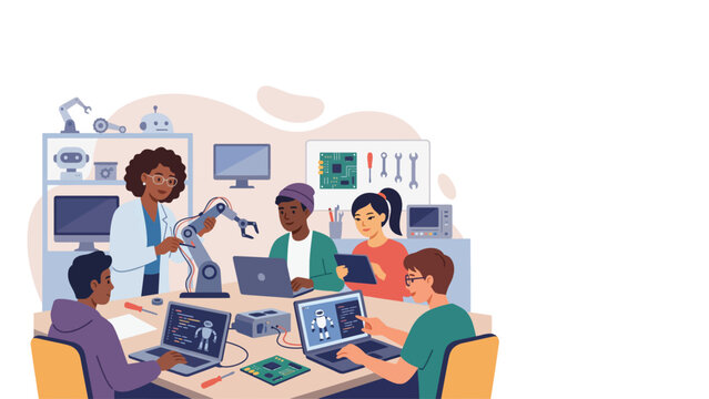Diverse engineering team collaborates in a robotics lab, assembling a robotic arm and prototyping electronics on laptops