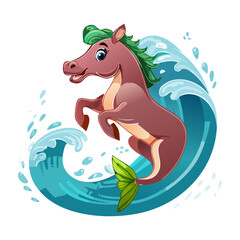 Magical sea horse monster splashing through giant ocean waves looking joyful with green fins inside tropical paradise water reef world © firstcolor