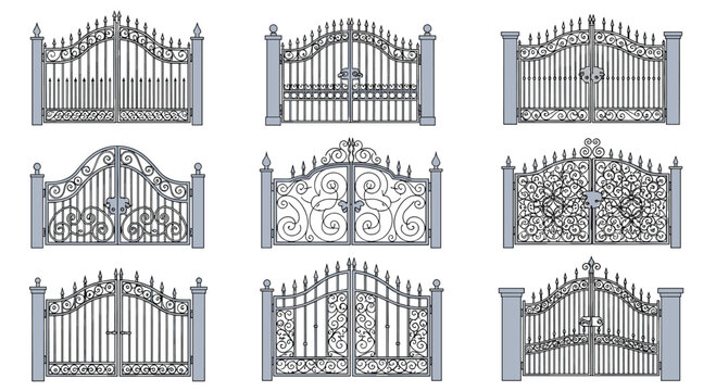 Collection of ornate wrought iron gate designs with decorative scrolls, spikes, and pillars for luxury property entrances or garden fencing.