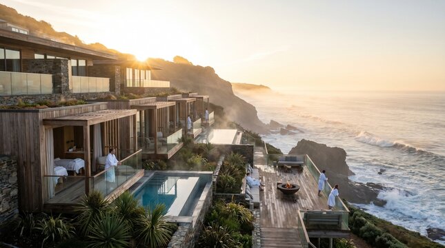 Luxurious modern cliffside resort with infinity pool and ocean views at sunset, elegant architecture and serene natural surroundings, perfect for relaxation and tranquility in a tropical par