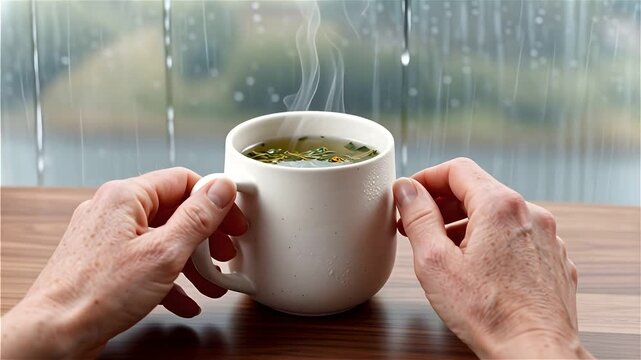 Hands Holding Steaming Herbal Tea Mug on Wooden Table Near Rainy Window, Cozy Warm Tones, Seamless Loop