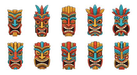 Fototapeta premium Vibrant collection of traditional polynesian tiki masks carved from wood with expressive faces and colorful feathers.