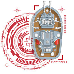 Obraz premium Combat ship on a technological background. View from above. Isolated on white background. Vector illustration.
