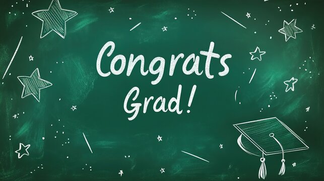 Green Chalkboard with "Congrats Grad!" in White Chalk, Hand-drawn Stars, and Graduation Cap, Bottom Half Dark Green Negative Space for Personalized Message
