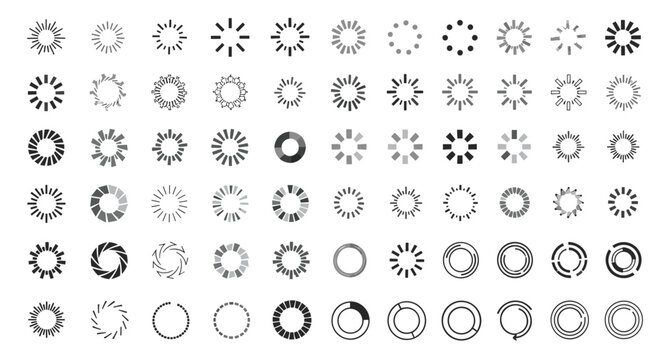 Collection of gray and black loading progress icons and buffering symbols in various styles including dots, lines, and circular gradients.