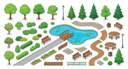 Fototapeta premium Park Elements Vector Illustration With Trees Benches And A Pond