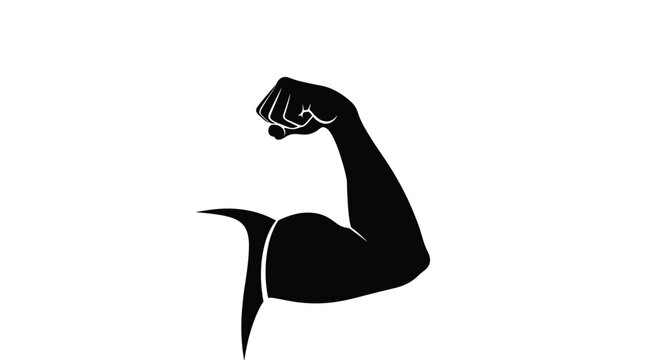 Powerful black silhouette of a flexed human arm showing strong biceps and forearm muscles isolated on a clean white background.