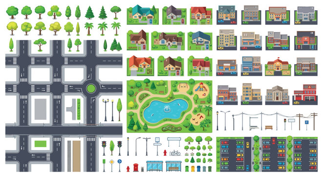 Cityscape Vector Illustration With Buildings Roads And Park Elements