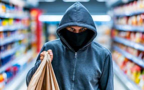 Suspicious Figure in Hooded Sweatshirt Carrying Bag Inside Convenience Store Aisle