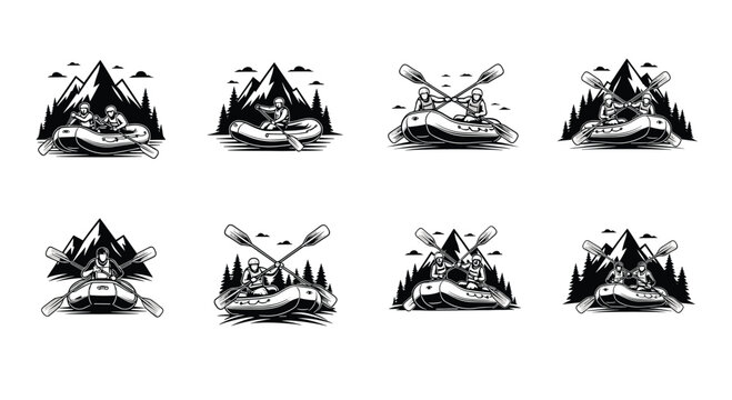 Dramatic black and white illustrations of teams rafting on wild river rapids against a background of pine forests and mountains.