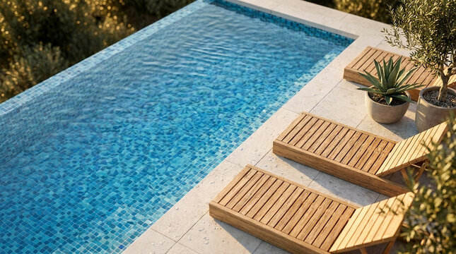 Luxury Swimming Pool with Wooden Sun Loungers