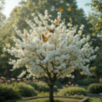 Blooming Mogra Tree in a Peaceful Garden with White Jasmine Flowers and Butterflies