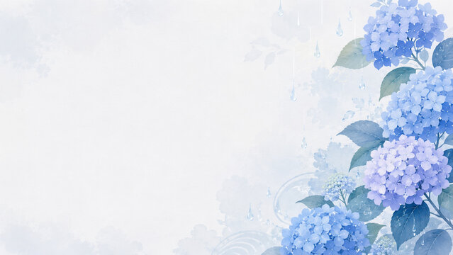 Watercolor blue hydrangea flowers with raindrops on a soft background with copy space for rainy season