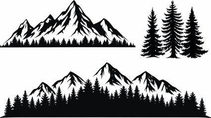 Mountain and evergreen tree silhouettes against a white background graphic vector illustration © Riya