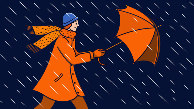 Person with umbrella walking in rainstorm a vibrant vector illustration on dark background