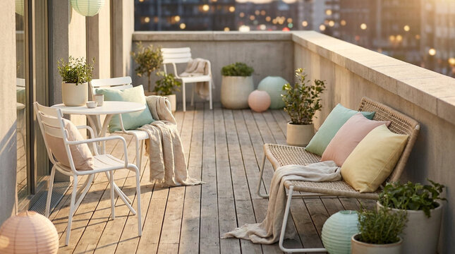 Cozy Balcony with Seating and Potted Plants