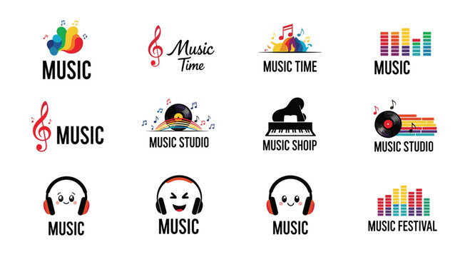 Diverse selection of music themed logos and icons featuring headphones musical notes piano keys and record players.