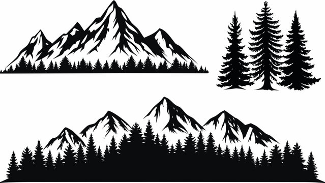 Mountain and evergreen tree silhouettes against a white background graphic vector illustration