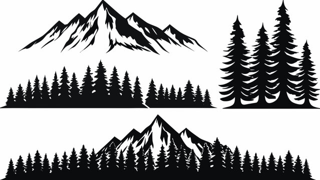 Mountain And Forest Silhouette Collection Black And White Vector Illustration On White Background