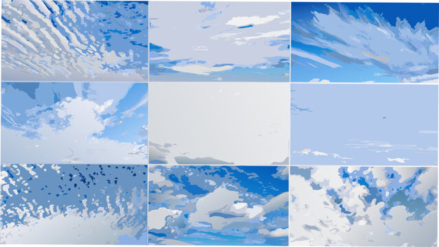 A grid of nine blue sky photographs with varied cloud formations and atmospheric conditions