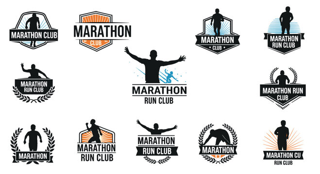 Collection of athletic logos for marathon run clubs featuring silhouettes of runners and dynamic sport designs.