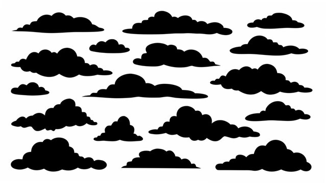 Black cloud silhouettes arranged on a white background a collection of atmospheric shapes