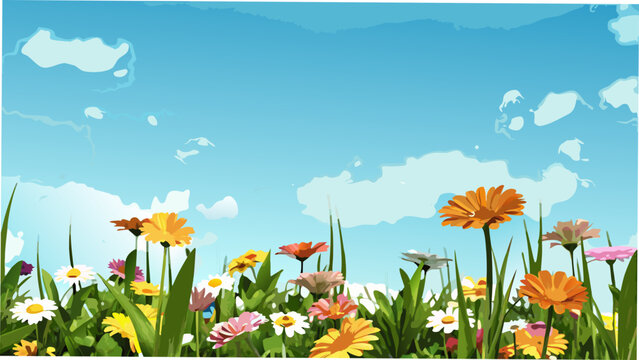 Gerbera Daisies And Clouds Vector Illustration With A Bright Blue Sky Background