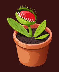 Isometric carnivorous venus flytrap plant illustration in brown clay pot with detailed trapping leaves on dark background game element © color