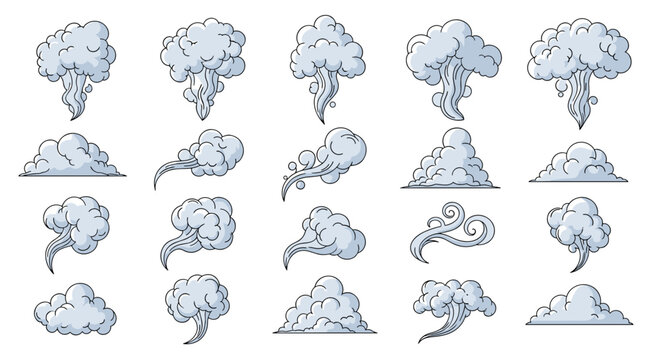 Set of various cloud and smoke puff illustrations in different shapes and wind directions on white background.