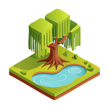 Isometric green foliage tree standing in forest swamp pond water tile for wilderness exploration strategy video game interface map graphic asset